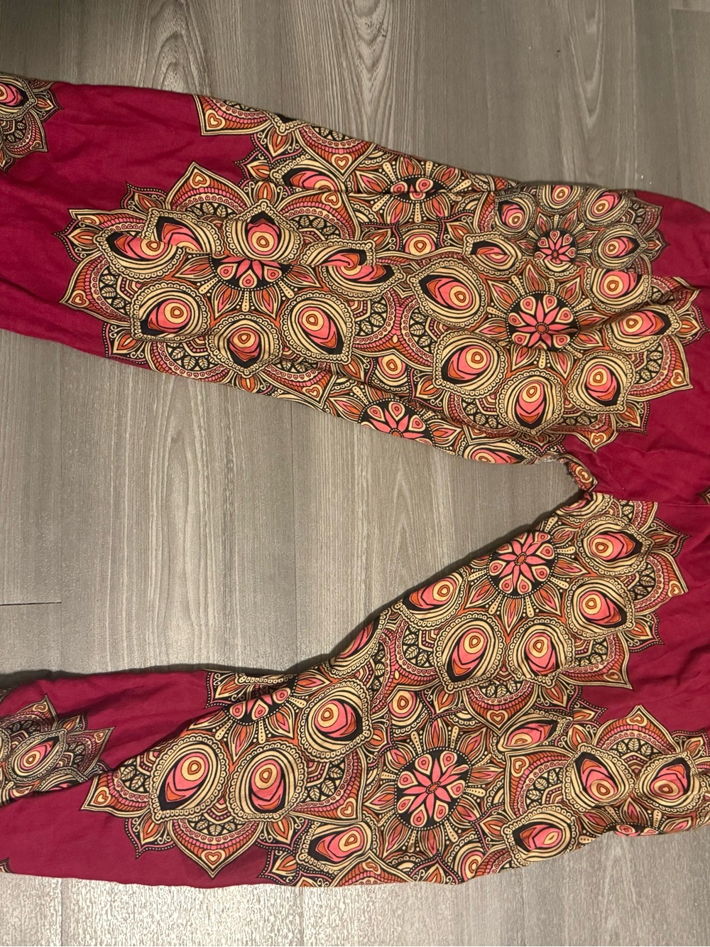 Red Wide-Leg Printed Pants with Gold & Pink Motifs